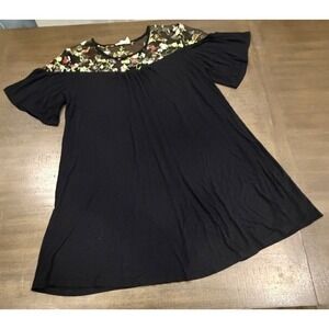 JUST FOUND Black Embroidered Floral Mesh Bell Sleeve Tunic Dress 1X